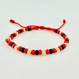 Pulsera Tejida Roja Ojo Turco / Bolas 10Und 4Mm Oro Amarillo 18K