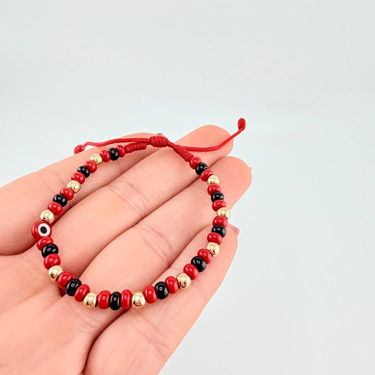 Pulsera Tejida Roja Ojo Turco / Bolas 10Und 4Mm Oro Amarillo 18K