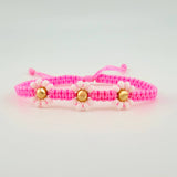 Pulsera Tejida Rosada Trio Flores 3 und 5mm Oro Amarillo 18K