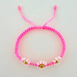 Pulsera Tejida Rosada Trio Flores 3 und 5mm Oro Amarillo 18K