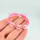 Pulsera Tejida Rosada Trio Flores 3 und 5mm Oro Amarillo 18K