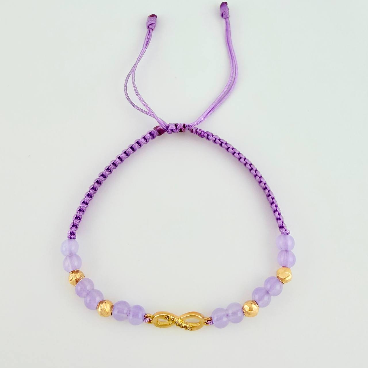 Pulsera Tejida Lila Dije Infinito Oro Amarillo 18K