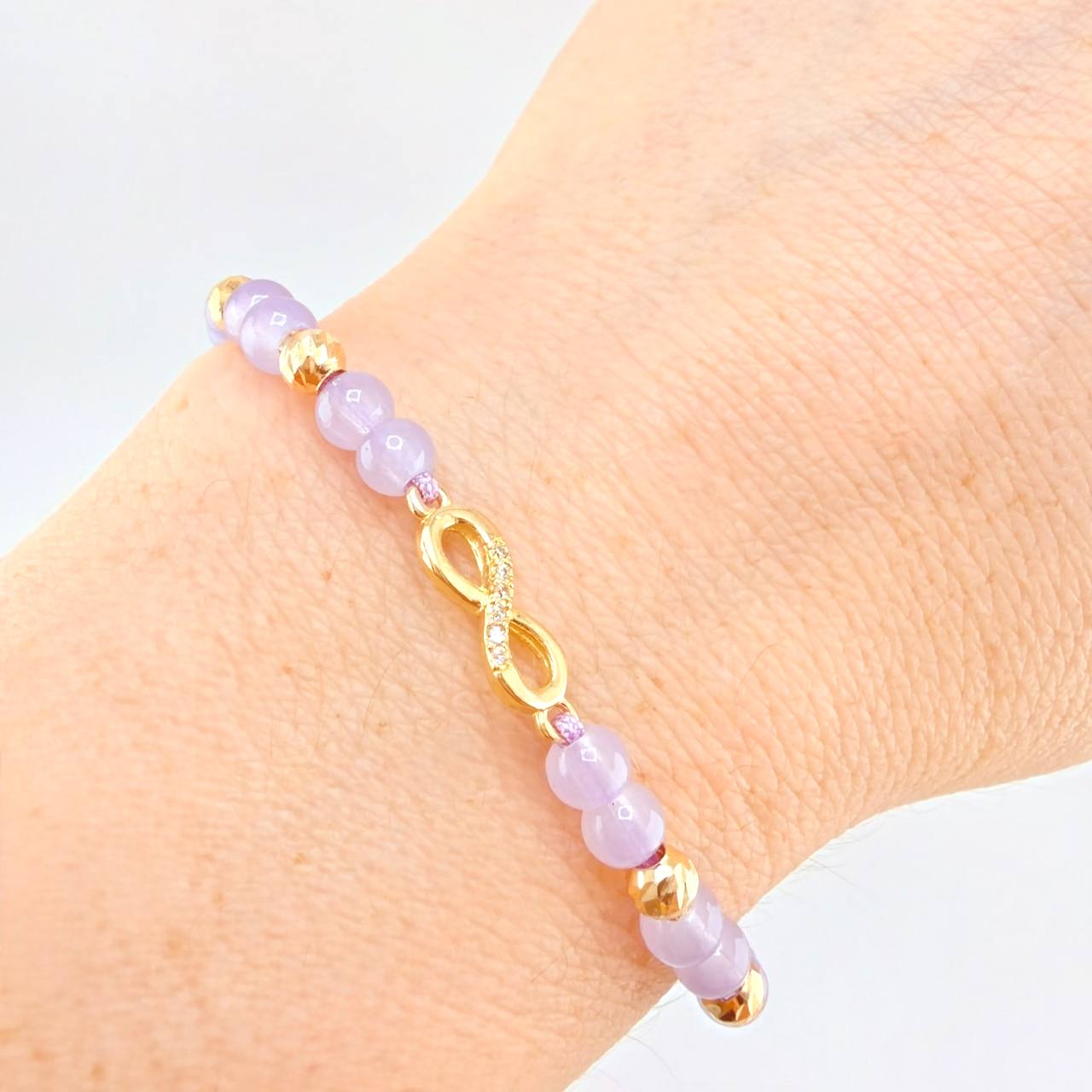 Pulsera Tejida Lila Dije Infinito Oro Amarillo 18K