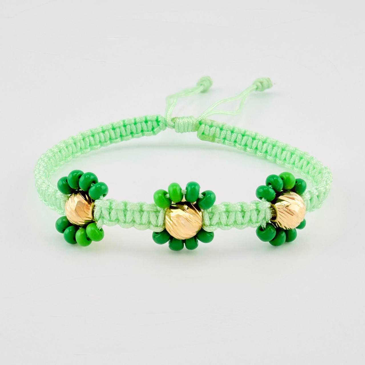 Pulsera Tejida Verde Trio Flores Oro Amarillo 18K