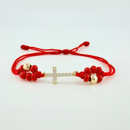 Pulsera Tejida Roja Cruz Maraquera / 2 Unidades 5Mm Diamantados Oro Amarillo 18K