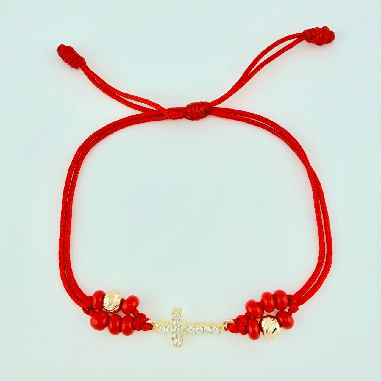 Pulsera Tejida Roja Cruz Maraquera / 2 Unidades 5Mm Diamantados Oro Amarillo 18K