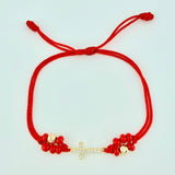 Pulsera Tejida Roja Cruz Maraquera / 2 Unidades 5Mm Diamantados Oro Amarillo 18K