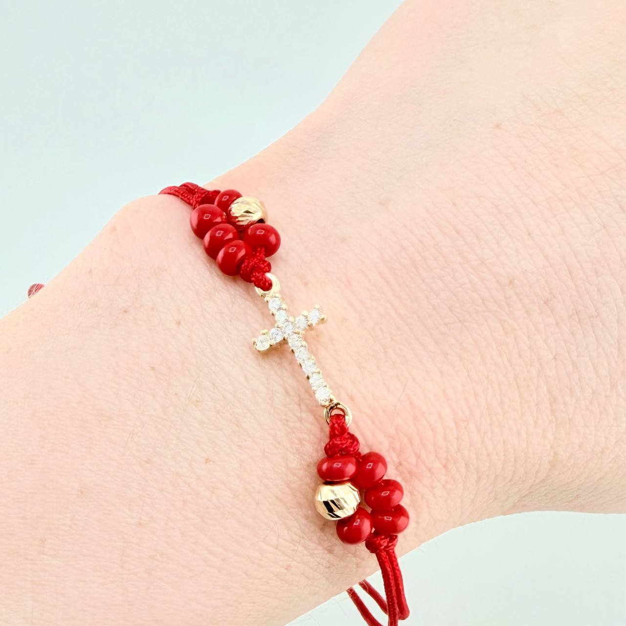 Pulsera Tejida Roja Cruz Maraquera / 2 Unidades 5Mm Diamantados Oro Amarillo 18K