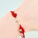 Pulsera Tejida Roja Cruz Maraquera / 2 Unidades 5Mm Diamantados Oro Amarillo 18K
