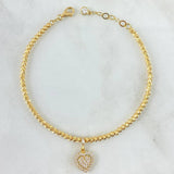Pulso Militar Corazón 5.2gr / 19.5cm / 2.5mm Bolas Diamantadas - Circones Blancos - Gradual Oro Amarillo +3 18K *