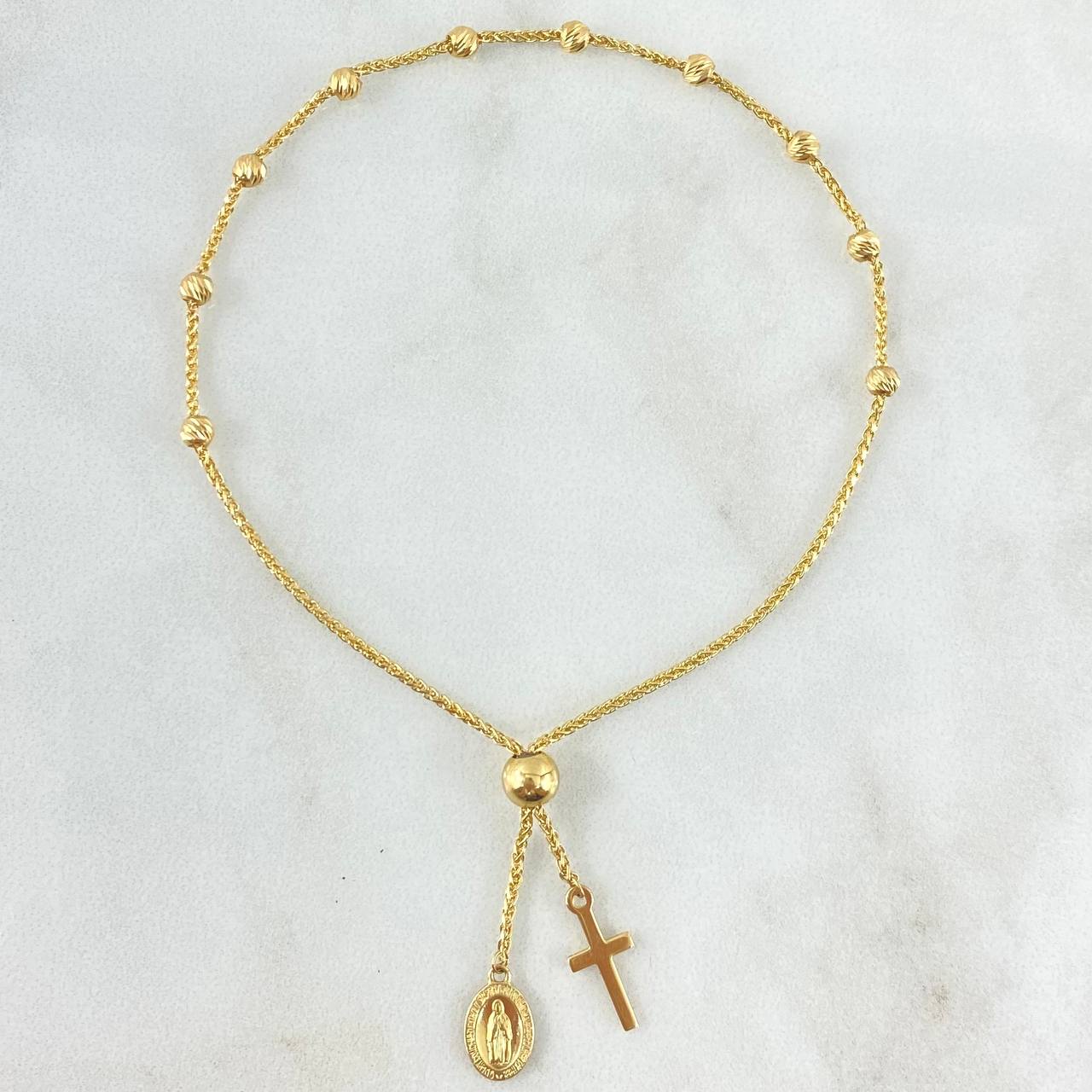 Pulso Franco - Denario Gradual 2.75gr / 22cm / 3mm Virgen Fatima - Cruz Lisa - Bolas Diamantadas Oro Amarillo +4 18K *
