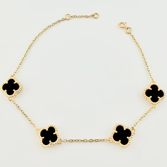 Pulso Modulable Trebol Onix Negro 4.55 g / 18.2 cm - 16 cm / 0.55 mm Oro Amarillo 18K