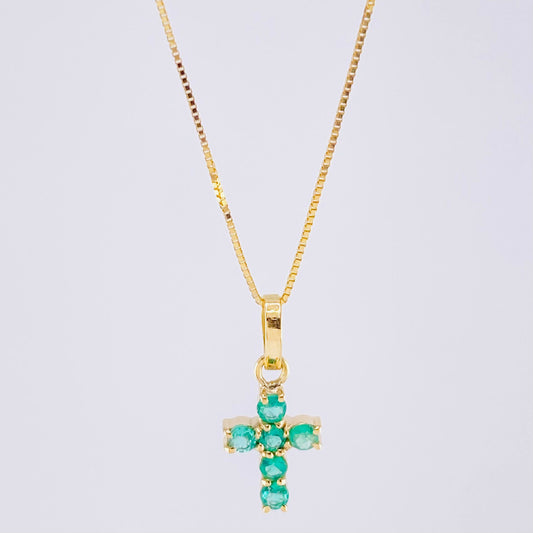Set Cadena Veneciana + Dije Cruz Tupida Esmeralda 9 Pts / 1.3 g / 45 cm Oro Amarillo 18K