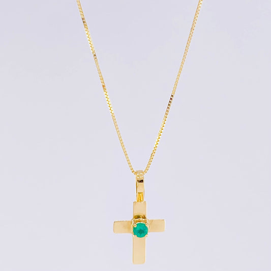 Set Cadena Veneciana + Dije Cruz Lisa Esmeralda 5 Pts / 1.2 g / 45 cm Oro Amarillo 18K