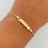 Pulso Bebe Aro Seguido 1.45gr / 15cm / 1mm Placa Rectangular Trebol Morado Oro Amarillo 18K $
