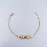 Pulso Bebe Aro Seguido 1.45gr / 15cm / 1mm Placa Rectangular Trebol Morado Oro Amarillo 18K $
