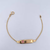 Pulso Bebe Aro Seguido 1.4gr / 14cm / 1mm Placa Rectangular Trebol Rosado Tornazol Oro Amarillo 18K $