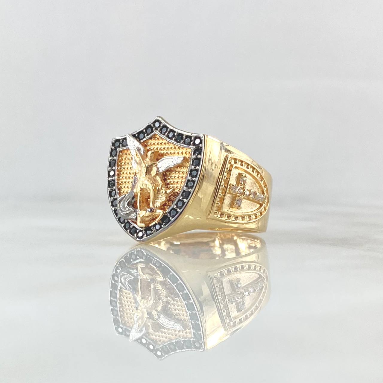 Anillo Escudo Arcangel San Miguel Cruz 7.05gr / T9 1/2 / Circones Negros Blancos Oro Amarillo 18K ©
