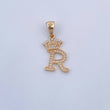 Dije Letra R Corona 1.75gr / 2.7cm / Circones Blancos Oro Amarillo 18K &