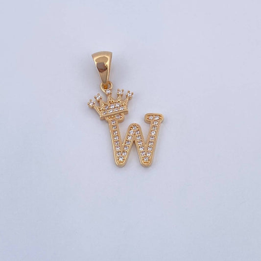 Dije Letra W Corona 1.9gr / 2.6cm / Circones Blancos Oro Amarillo 18K &