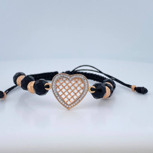 Pulsera Tejida Negra Corazón 3gr / 2.3cm / 6mm-3mm Circones Blancos Bolas Diamantadas Dos Oros Blanco Rosa &