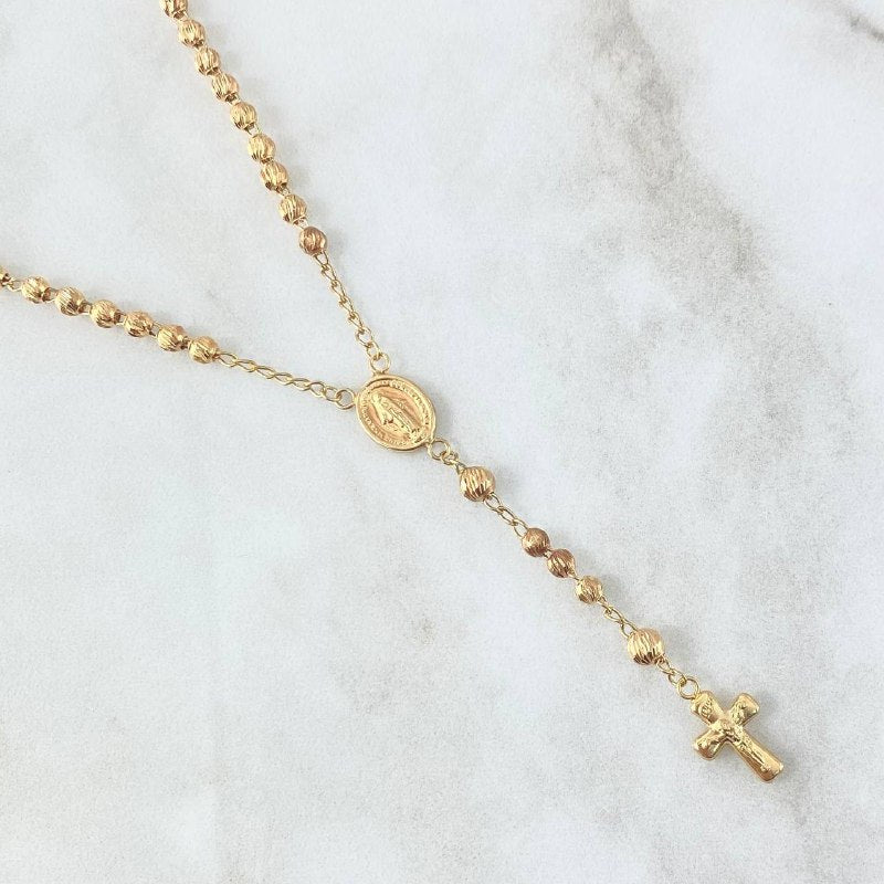 Rosario Virgen Milagrosa 8.5gr / 50cm / 3mm Bolas Diamantadas - Cruz Cristo Oro Amarillo 18K *