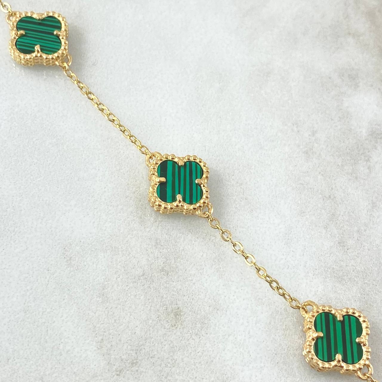 Pulso Trebol Malaquita Verde 3.2gr / 16cm-17cm / 8mm Oro Amarillo Nac.Esp. 18K