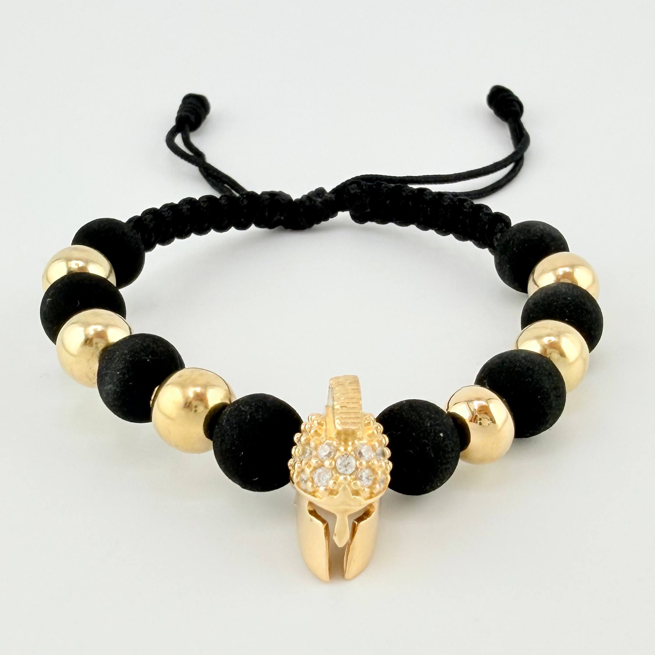 Pulsera Tejida Negra Casco Espartano / 6 Und 7Mm Lisas Oro Amarillo 18K