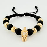 Pulsera Tejida Negra Casco Espartano / 6 Und 7Mm Lisas Oro Amarillo 18K