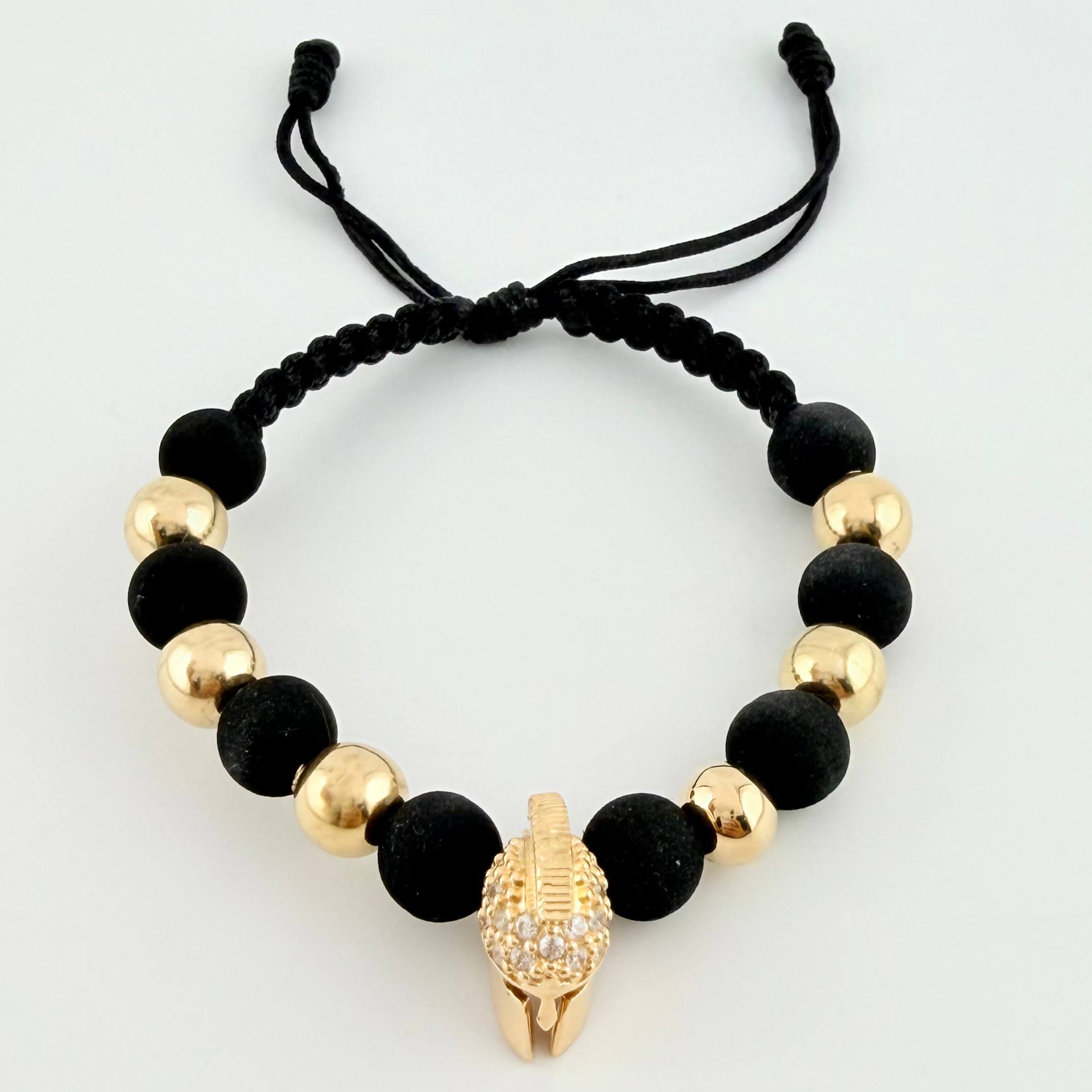 Pulsera Tejida Negra Casco Espartano / 6 Und 7Mm Lisas Oro Amarillo 18K