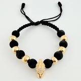 Pulsera Tejida Negra Casco Espartano / 6 Und 7Mm Lisas Oro Amarillo 18K
