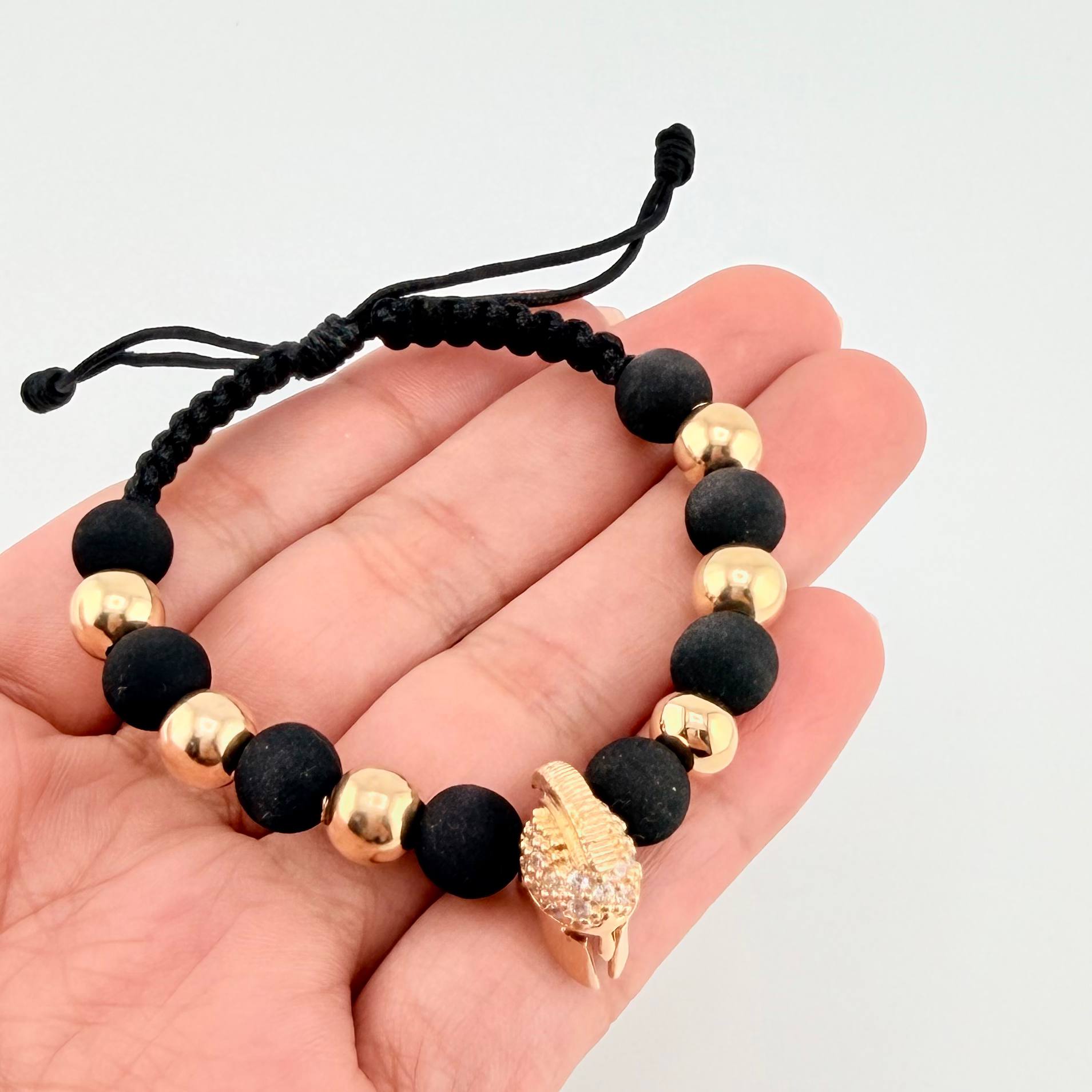 Pulsera Tejida Negra Casco Espartano / 6 Und 7Mm Lisas Oro Amarillo 18K