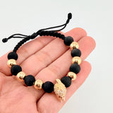 Pulsera Tejida Negra Casco Espartano / 6 Und 7Mm Lisas Oro Amarillo 18K