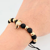 Pulsera Tejida Negra Casco Espartano / 6 Und 7Mm Lisas Oro Amarillo 18K