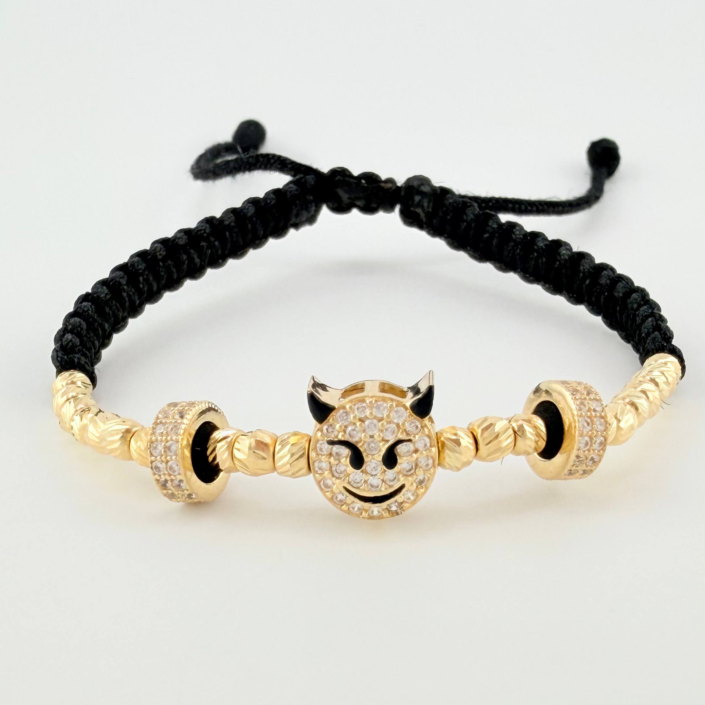 Pulsera Tejida Negra Diablito Con Bolas De Fuego / 20 Und 3Mm Diamantadas Oro Amarillo 18K