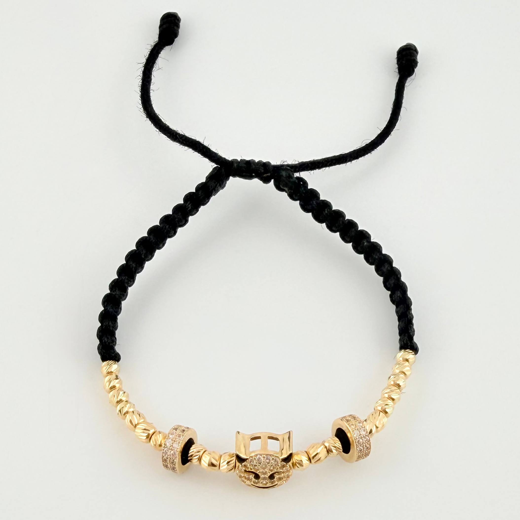 Pulsera Tejida Negra Diablito Con Bolas De Fuego / 20 Und 3Mm Diamantadas Oro Amarillo 18K