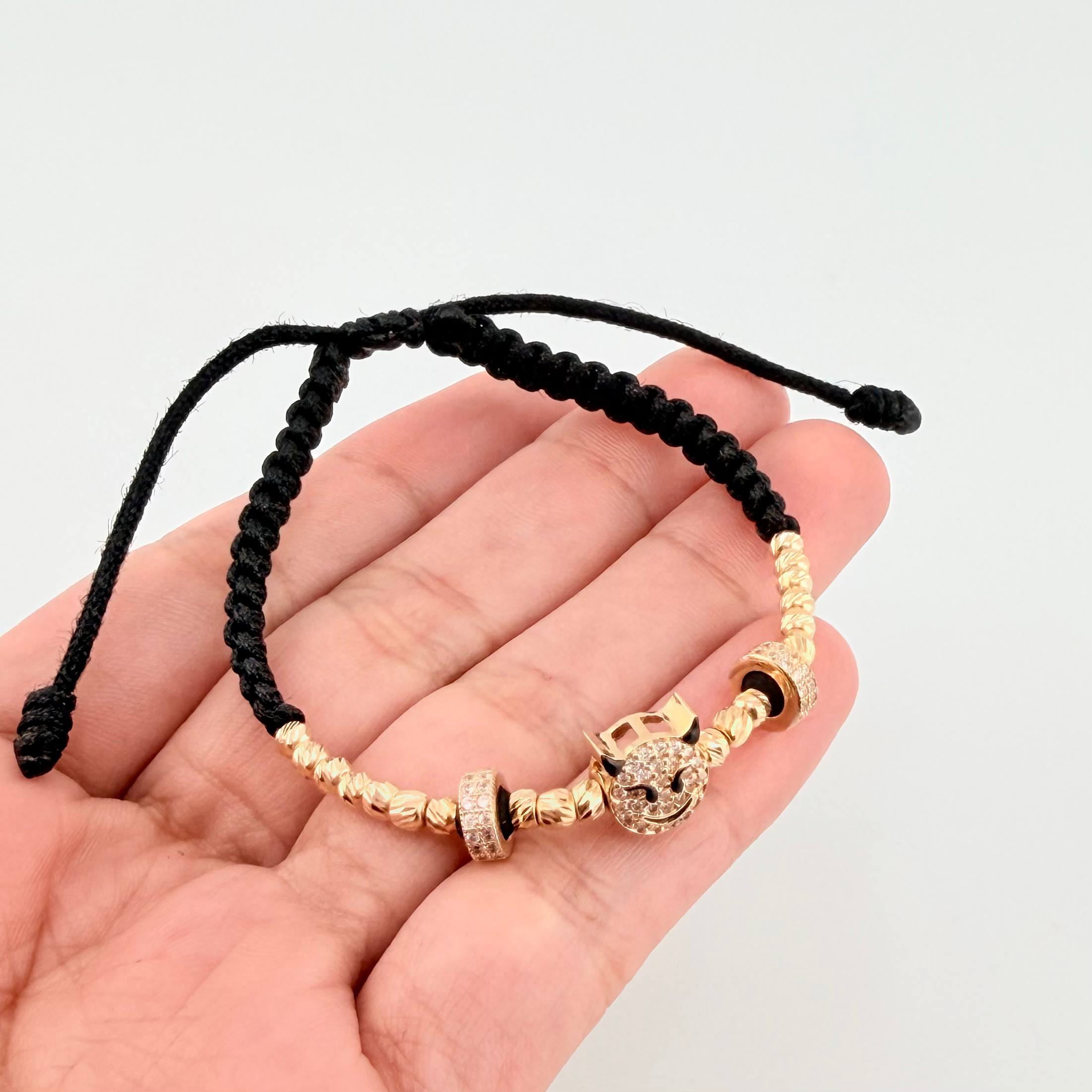 Pulsera Tejida Negra Diablito Con Bolas De Fuego / 20 Und 3Mm Diamantadas Oro Amarillo 18K