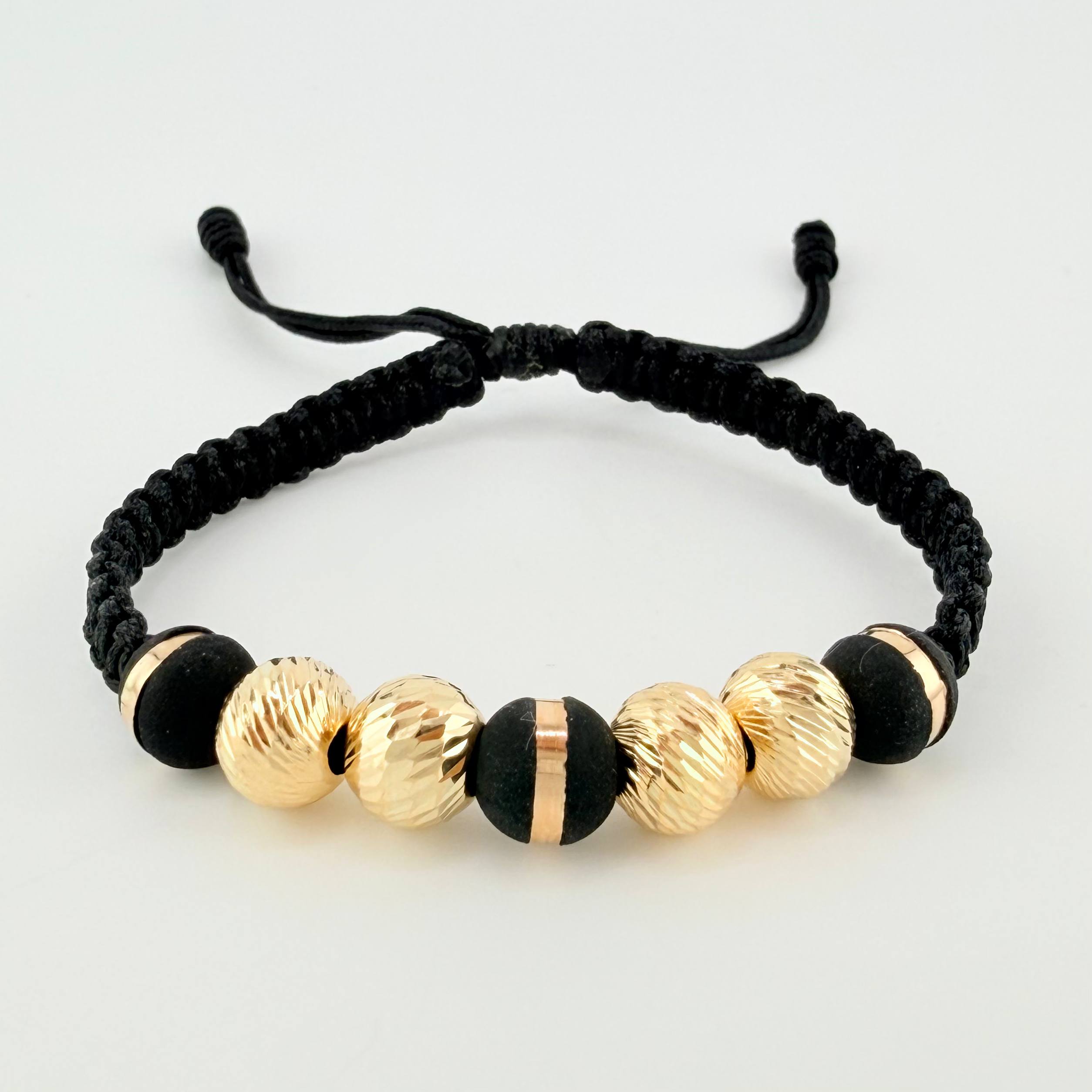 Pulsera Tejida Negra 3 Neoros 8Mm / 4 Und 8Mm Diamantadas Oro Amarillo 18K