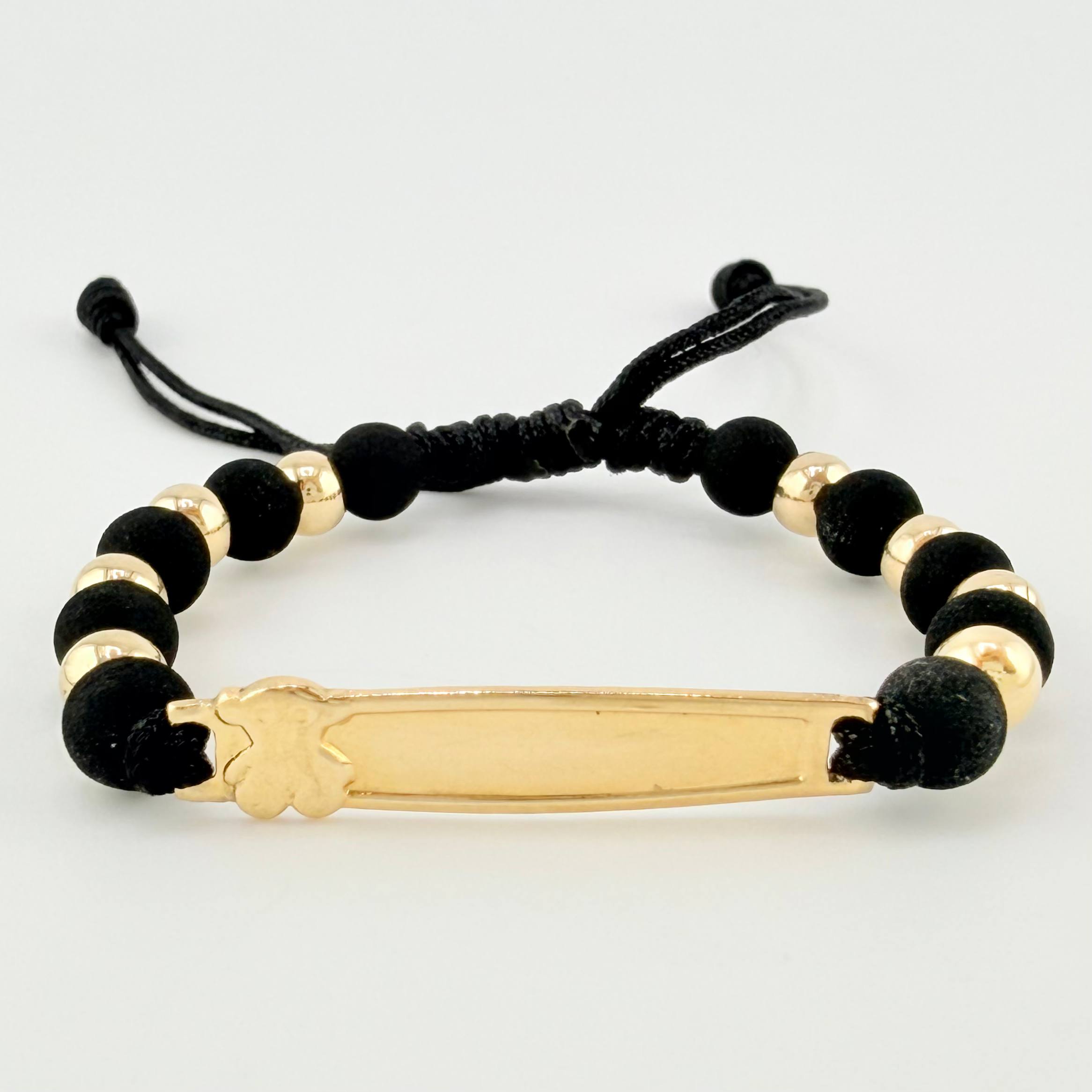 Pulsera Tejida Negra Placa Osito / 8 Und 5Mm Lisas Oro Amarillo 18K