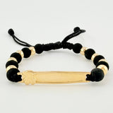 Pulsera Tejida Negra Placa Osito / 8 Und 5Mm Lisas Oro Amarillo 18K