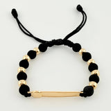 Pulsera Tejida Negra Placa Osito / 8 Und 5Mm Lisas Oro Amarillo 18K