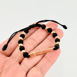 Pulsera Tejida Negra Placa Osito / 8 Und 5Mm Lisas Oro Amarillo 18K