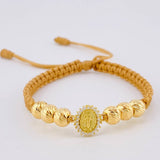 Pulsera Tejida Cafe Virgen Milagrosa / 3 Und 6Mm Diamantada Oro Amarillo 18K
