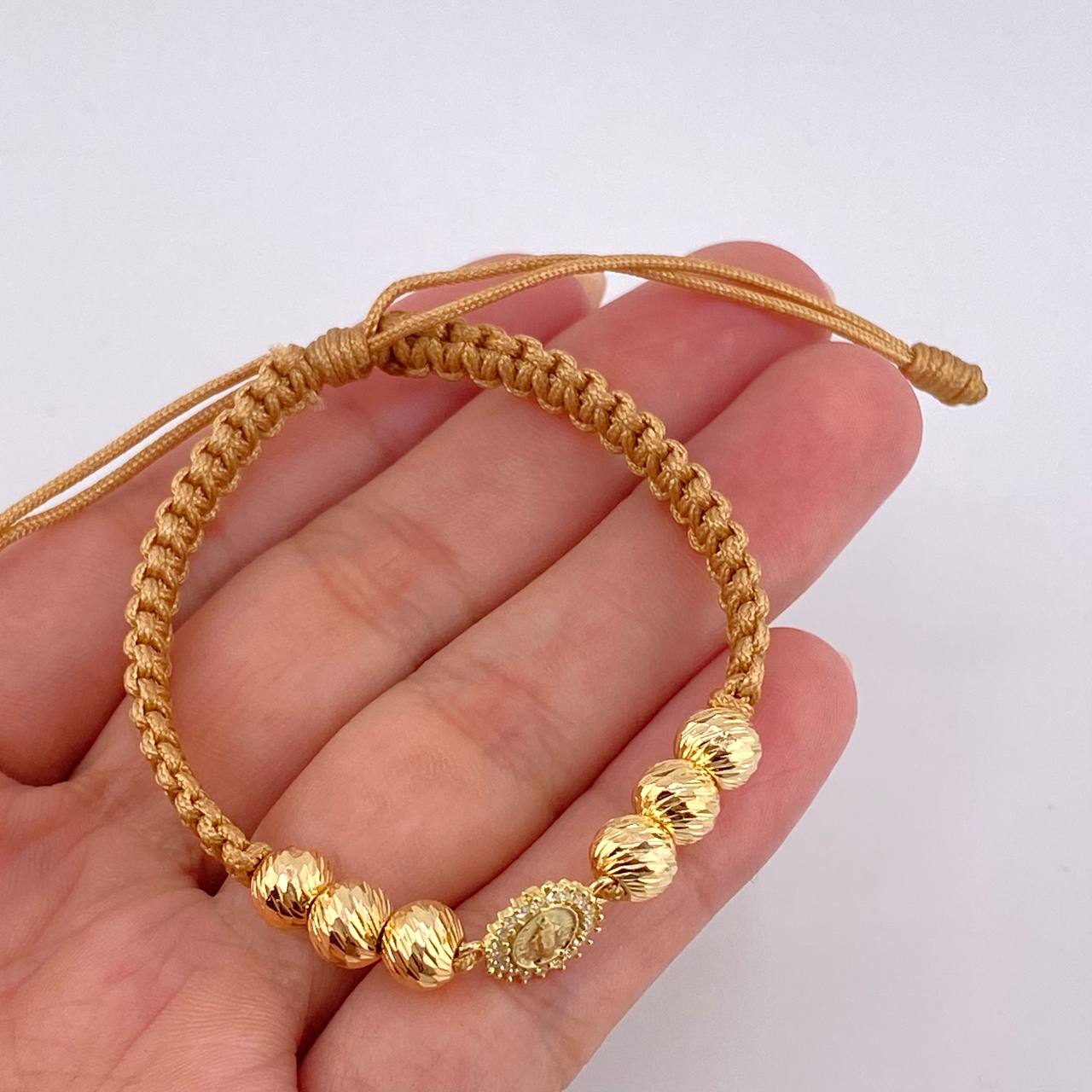 Pulsera Tejida Cafe Virgen Milagrosa / 3 Und 6Mm Diamantada Oro Amarillo 18K
