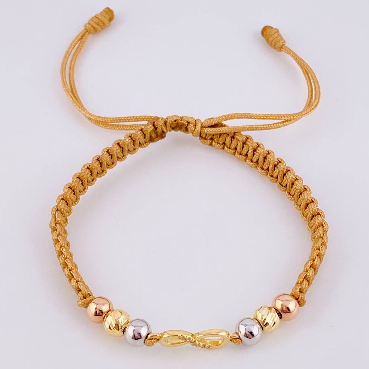 Pulsera Tejida Cafe Herraje Infinito 4 Und 5Mm Lisas / 2 Und 5Mm Diamantadas Tres Oros 18K