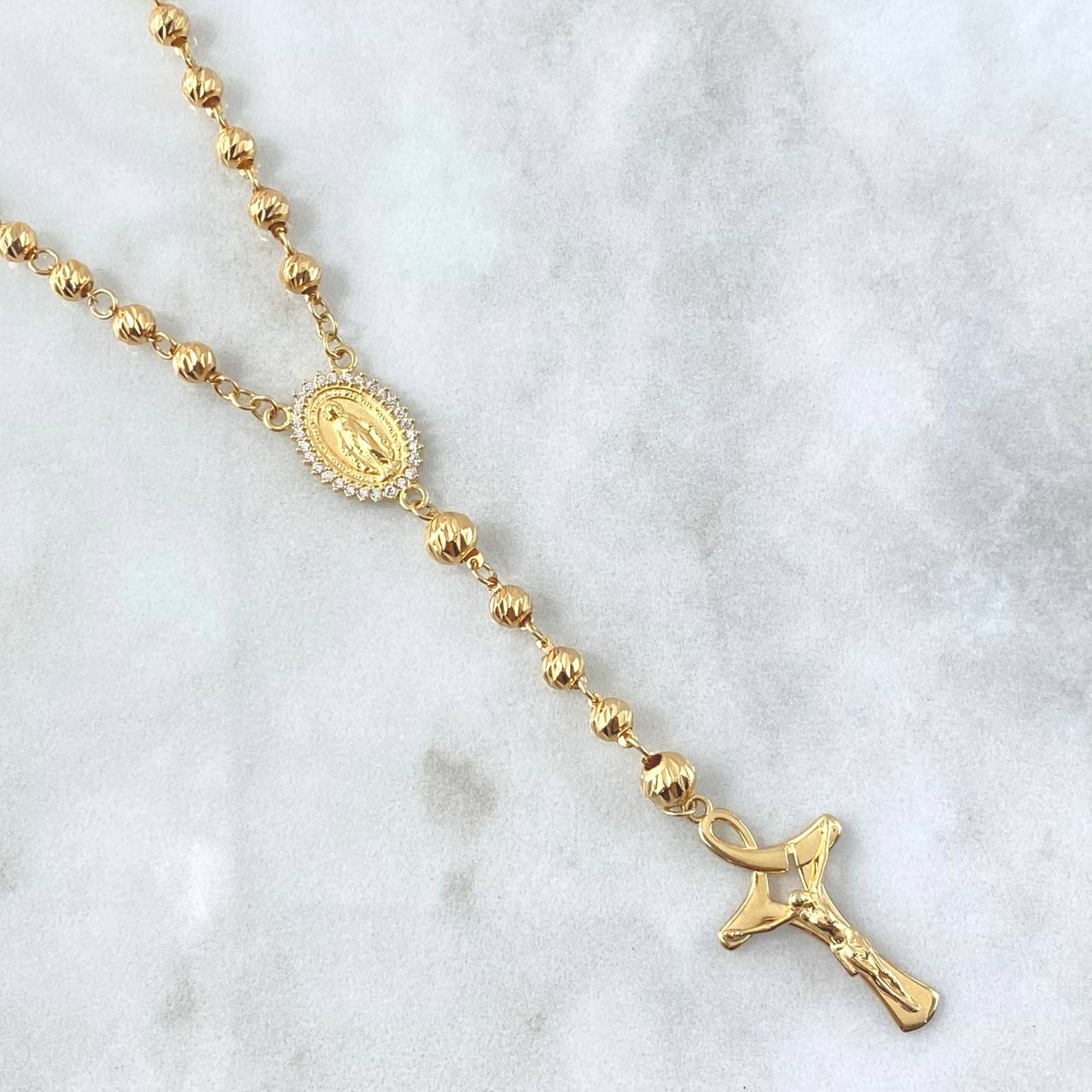Rosario Virgen Milagrosa 13.1gr / 50cm / 5mm-4mm Cruz Lazo Cristo Diamantado Oro Amarillo 18K