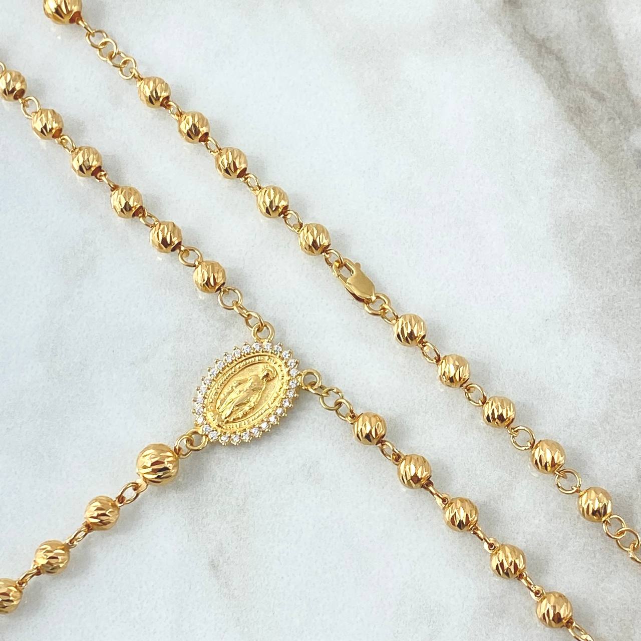 Rosario Virgen Milagrosa 13.1gr / 50cm / 5mm-4mm Cruz Lazo Cristo Diamantado Oro Amarillo 18K