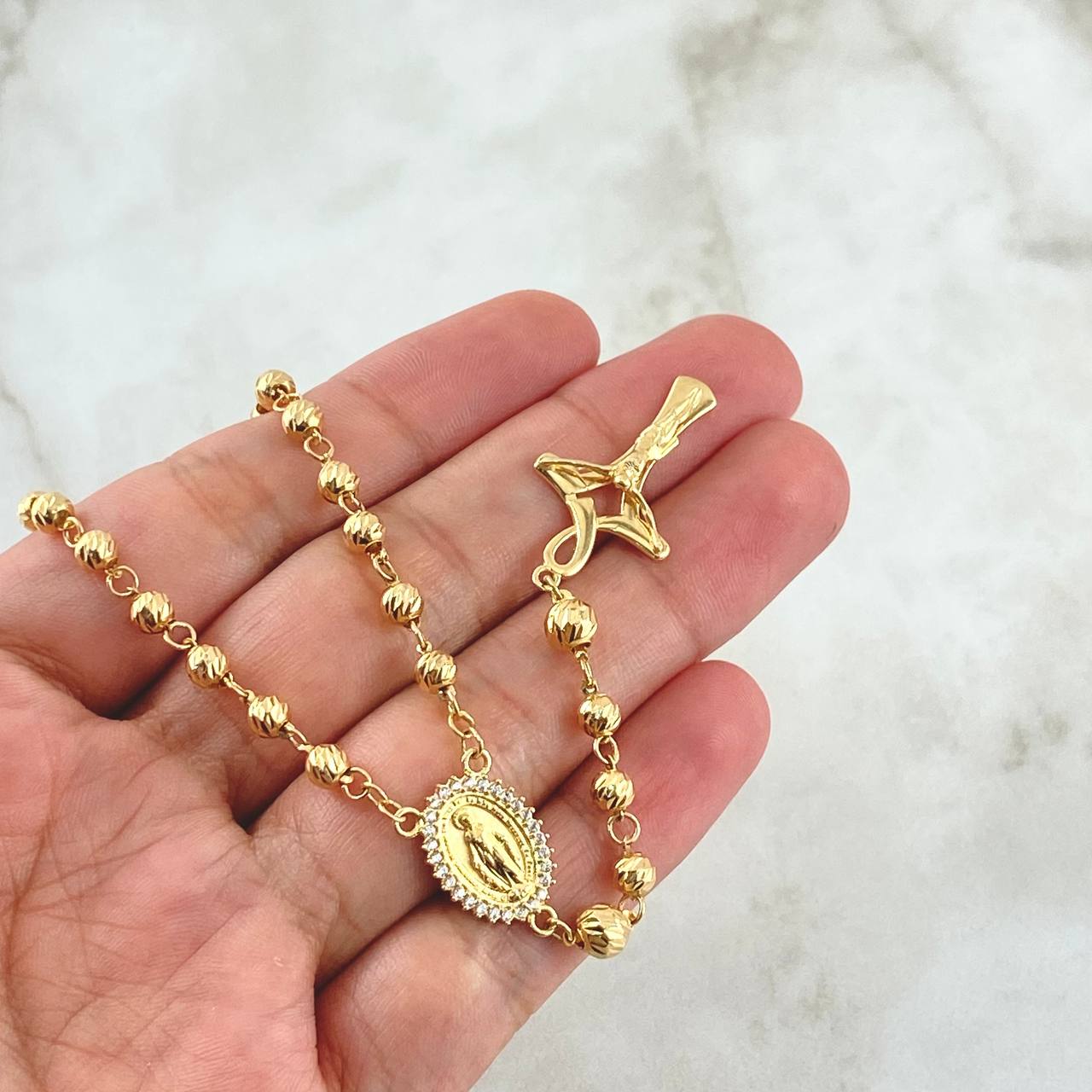 Rosario Virgen Milagrosa 13.1gr / 50cm / 5mm-4mm Cruz Lazo Cristo Diamantado Oro Amarillo 18K