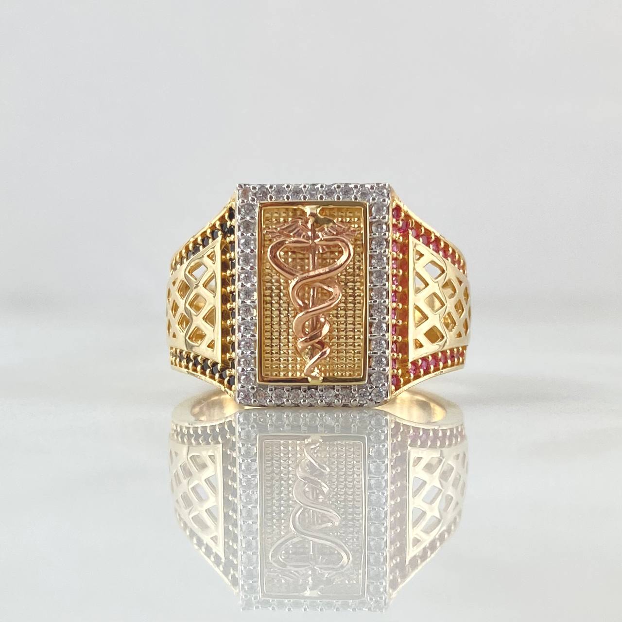 Anillo Caduceo de Serpiente 8gr / T10 1/2 / Circones Blancos Negros Fucsia Tres Oros 18K