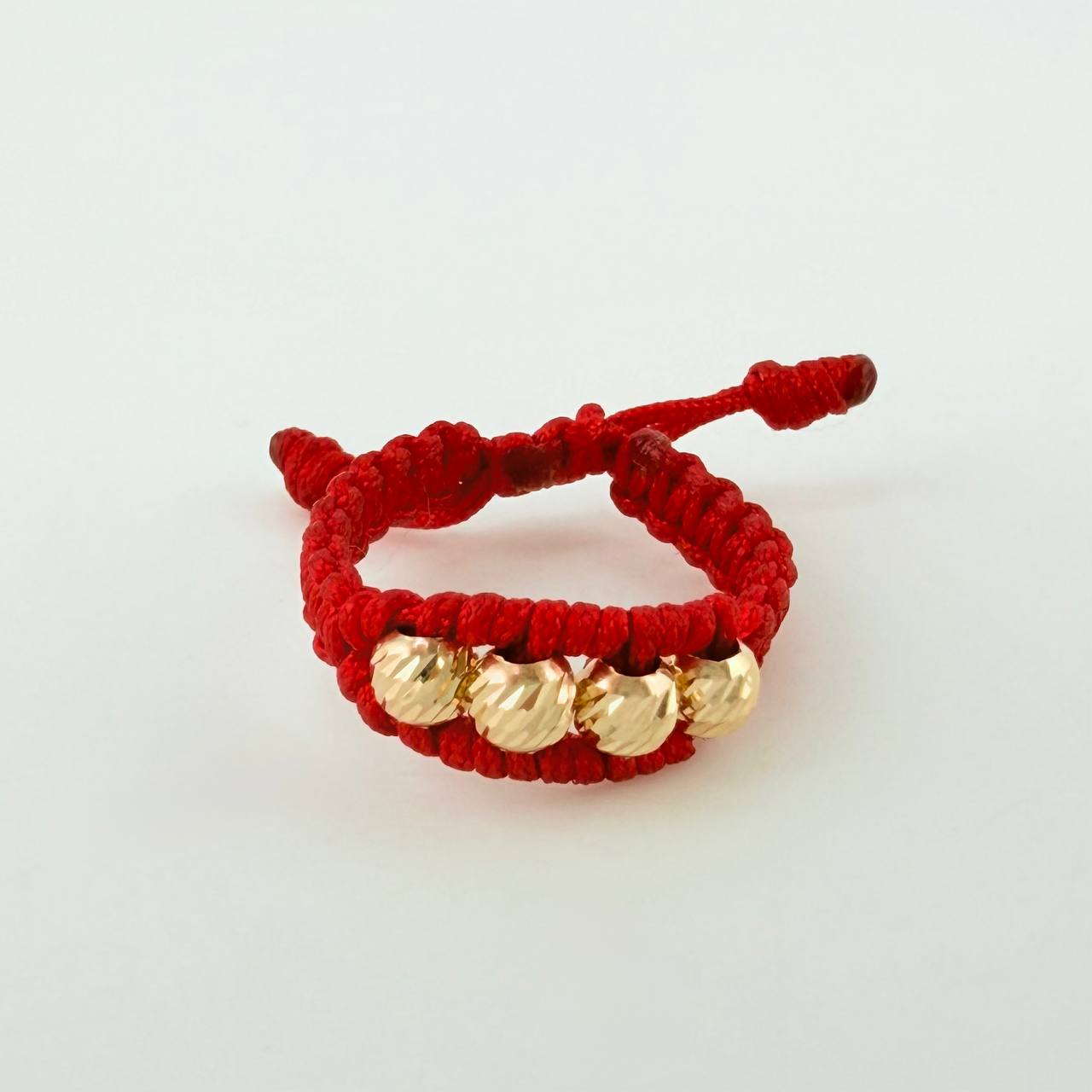 Anillo Tejido Rojo Bolas Diamantadas 0.4 g / T5 Oro Amarillo 18K